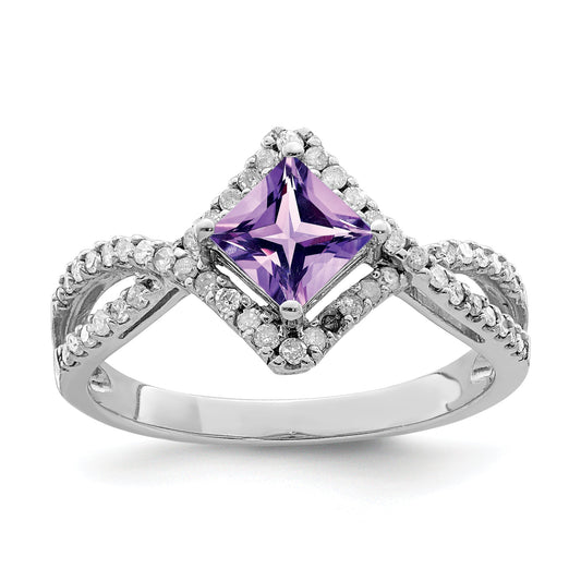 Sterling Silver Rhodium Plated Diamond & Amethyst Ring