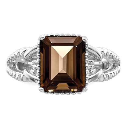 Sterling Silver Rhodium W/ Flash Gold Plate Smoky Quartz Octagonal Ring