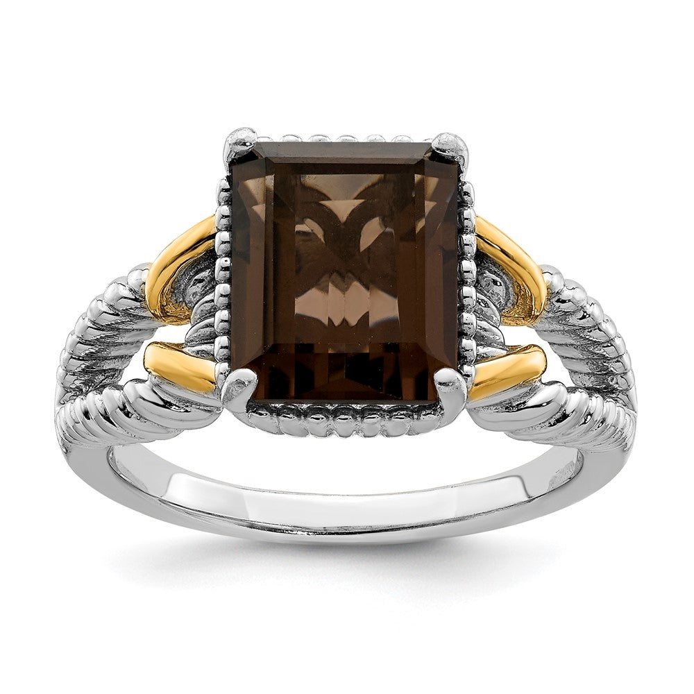 Sterling Silver Rhodium W/ Flash Gold Plate Smoky Quartz Octagonal Ring