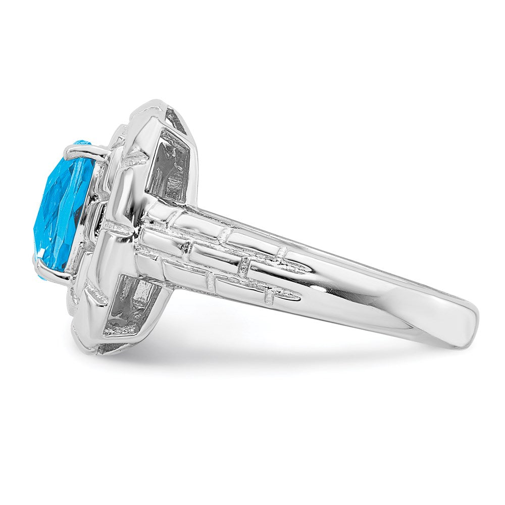Sterling Silver Rhodium Checker Cut Blue Topaz Ring (Size 7 Only)