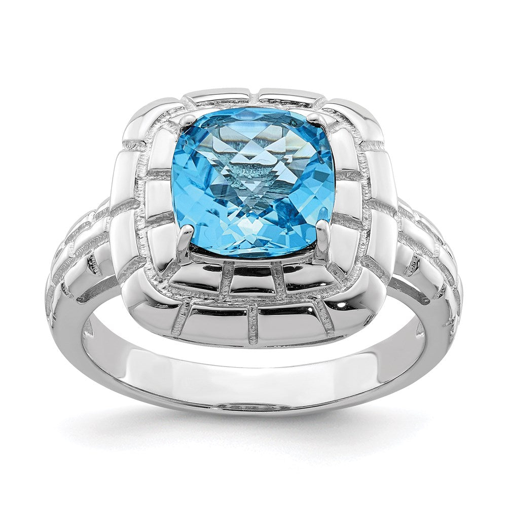 Sterling Silver Rhodium Checker Cut Blue Topaz Ring (Size 7 Only)