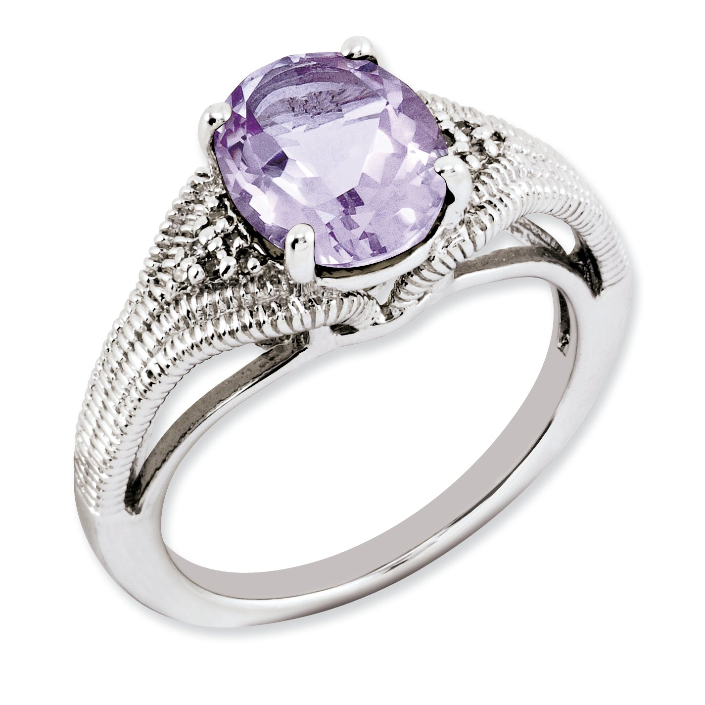 Sterling Silver Rhodium Plated Oval Pink Quartz & Diamond Ring (Size 7 Only)