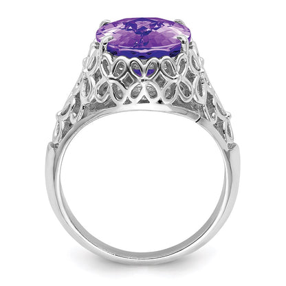 Sterling Silver Rhodium Plated Oval Checker Cut Amethyst Ring (Size 7 Only)