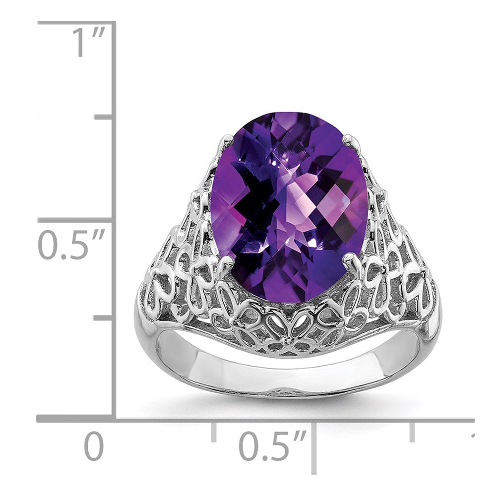 Sterling Silver Rhodium Plated Oval Checker Cut Amethyst Ring (Size 7 Only)