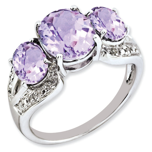 Sterling Silver Rh Plated Oval Checker Cut Pink Quartz & Diamond Ring (Size 7 Only)