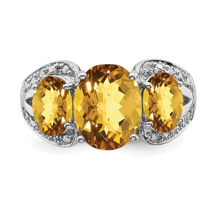 Sterling Silver Rhodium Oval Checker Cut Whiskey Quartz & Diamond Ring