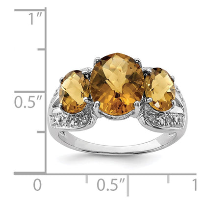 Sterling Silver Rhodium Oval Checker Cut Whiskey Quartz & Diamond Ring