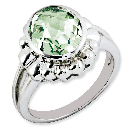 Sterling Silver Rhodium Plated Oval Checker Cut Green Quartz Ring (Size 7 Only)