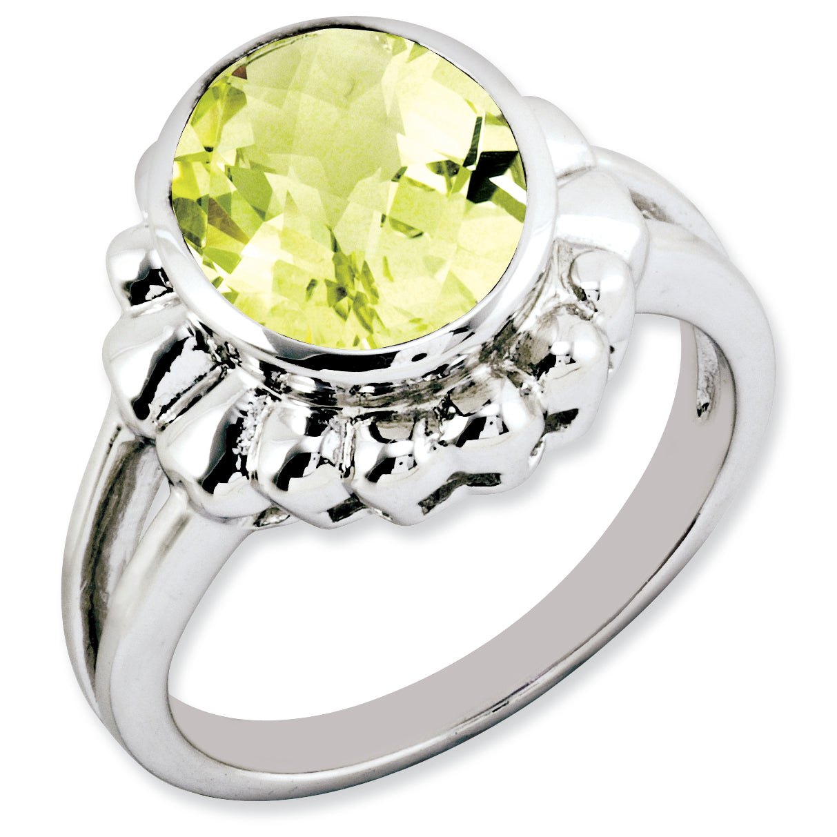 Sterling Silver Rhodium Plated Oval Checker Cut Lemon Quartz Ring (Size 7 Only)