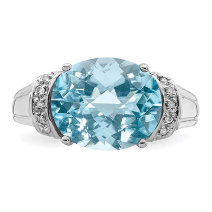 Sterling Silver Rhodium Checker Cut Sky Blue Topaz & Diamond Ring
