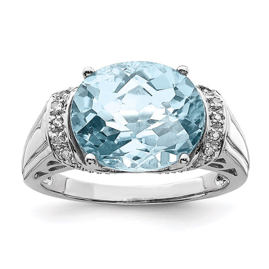 Sterling Silver Rhodium Checker Cut Sky Blue Topaz & Diamond Ring