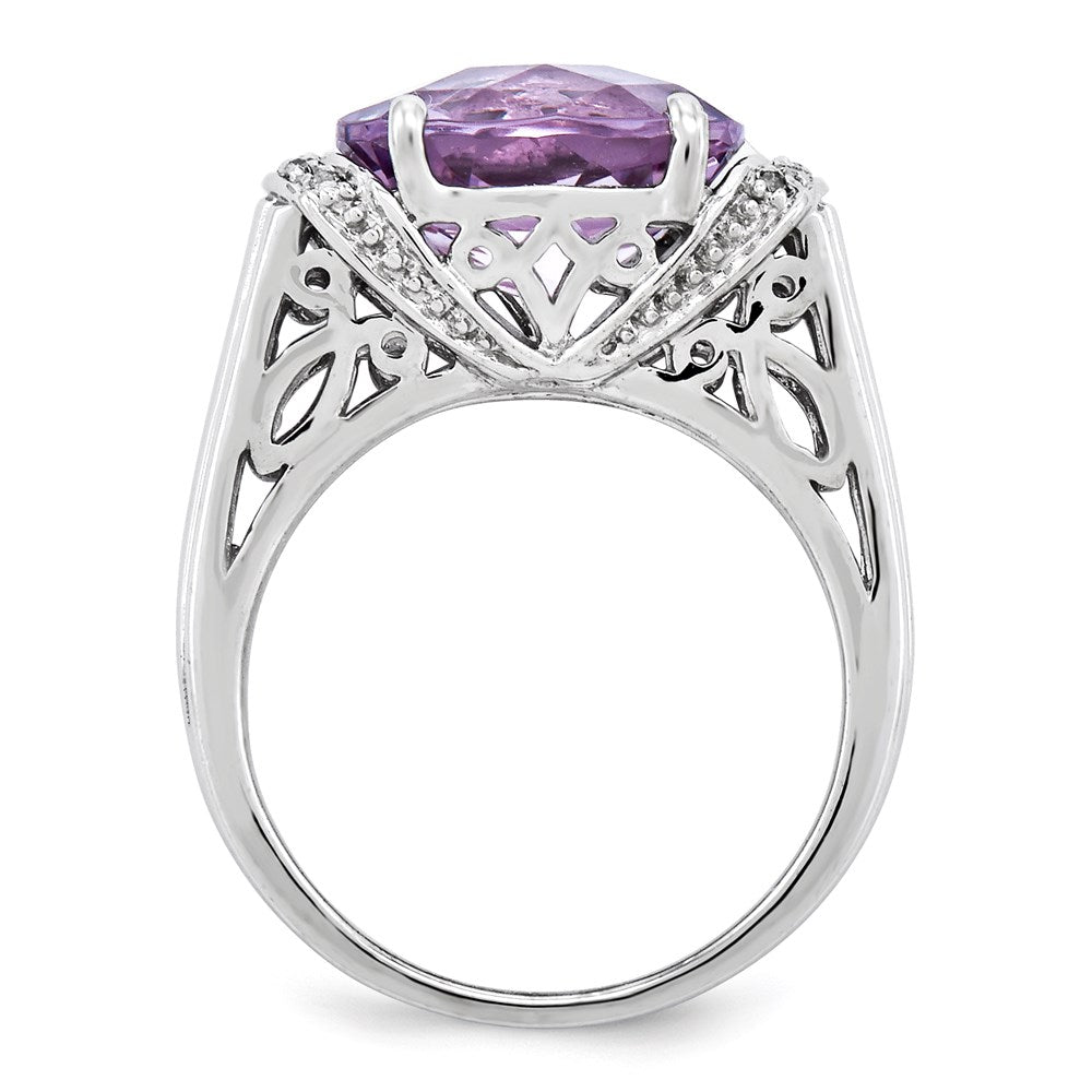 Sterling Silver Rhodium Plated Checker Cut Pink Quartz Ring