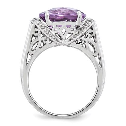 Sterling Silver Rhodium Plated Checker Cut Pink Quartz Ring