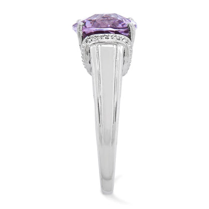 Sterling Silver Rhodium Plated Checker Cut Pink Quartz Ring