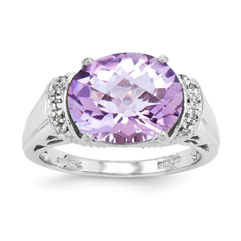 Sterling Silver Rhodium Plated Checker Cut Pink Quartz Ring