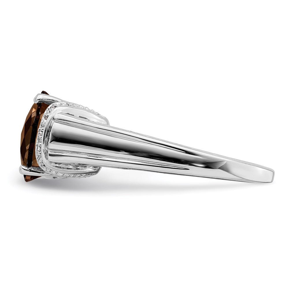 Sterling Silver Rhodium Checker Cut Smoky Quartz & Diamond Ring