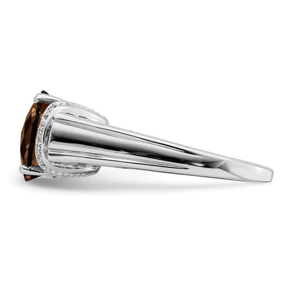 Sterling Silver Rhodium Checker Cut Smoky Quartz & Diamond Ring