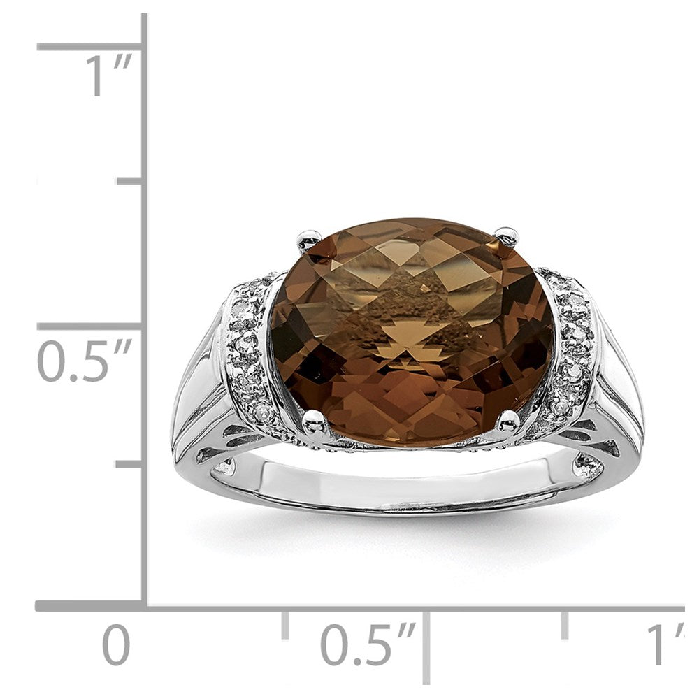 Sterling Silver Rhodium Checker Cut Smoky Quartz & Diamond Ring