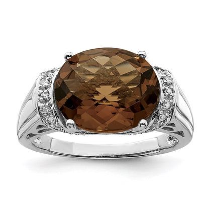 Sterling Silver Rhodium Checker Cut Smoky Quartz & Diamond Ring