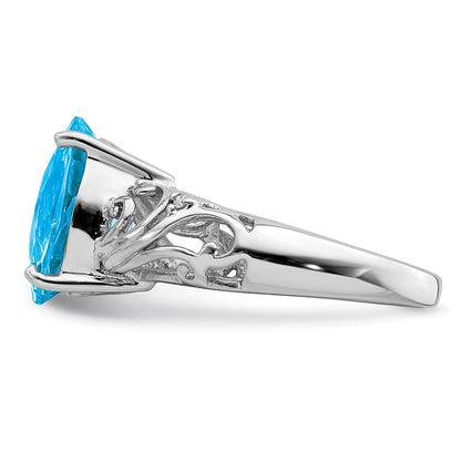Sterling Silver Rhodium Checker Cut Blue Topaz & Diamond Ring (Size 7 Only)