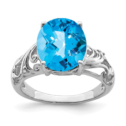 Sterling Silver Rhodium Checker Cut Blue Topaz & Diamond Ring (Size 7 Only)