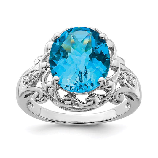 Sterling Silver Rhodium Oval Checker Cut Blue Topaz & Diamond Ring (Size 7 Only)