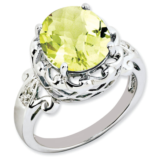Sterling Silver Rh Plated Oval Checker Cut Lemon Quartz & Diamond Ring (Size 7 Only)