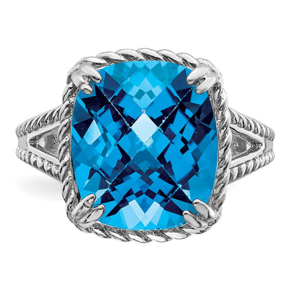 Sterling Silver Rhodium Checker Cut Blue Topaz Ring (Size 7 Only)