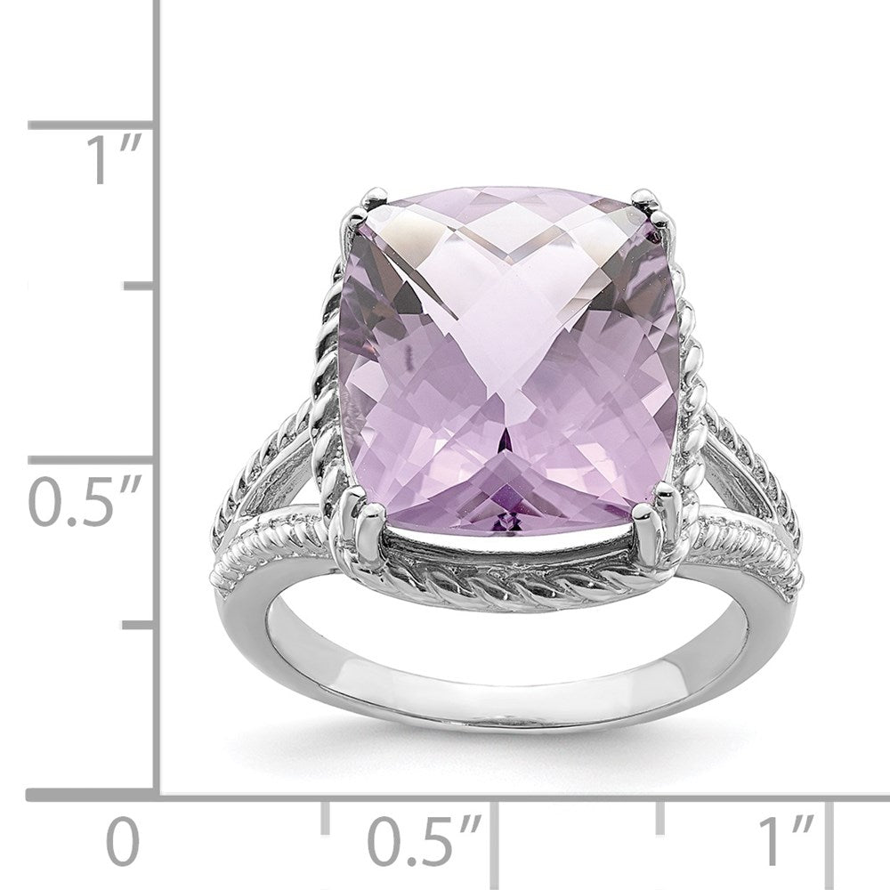 Sterling Silver Rhodium Checker Cut Pink Quartz Ring (Size 9 Only)