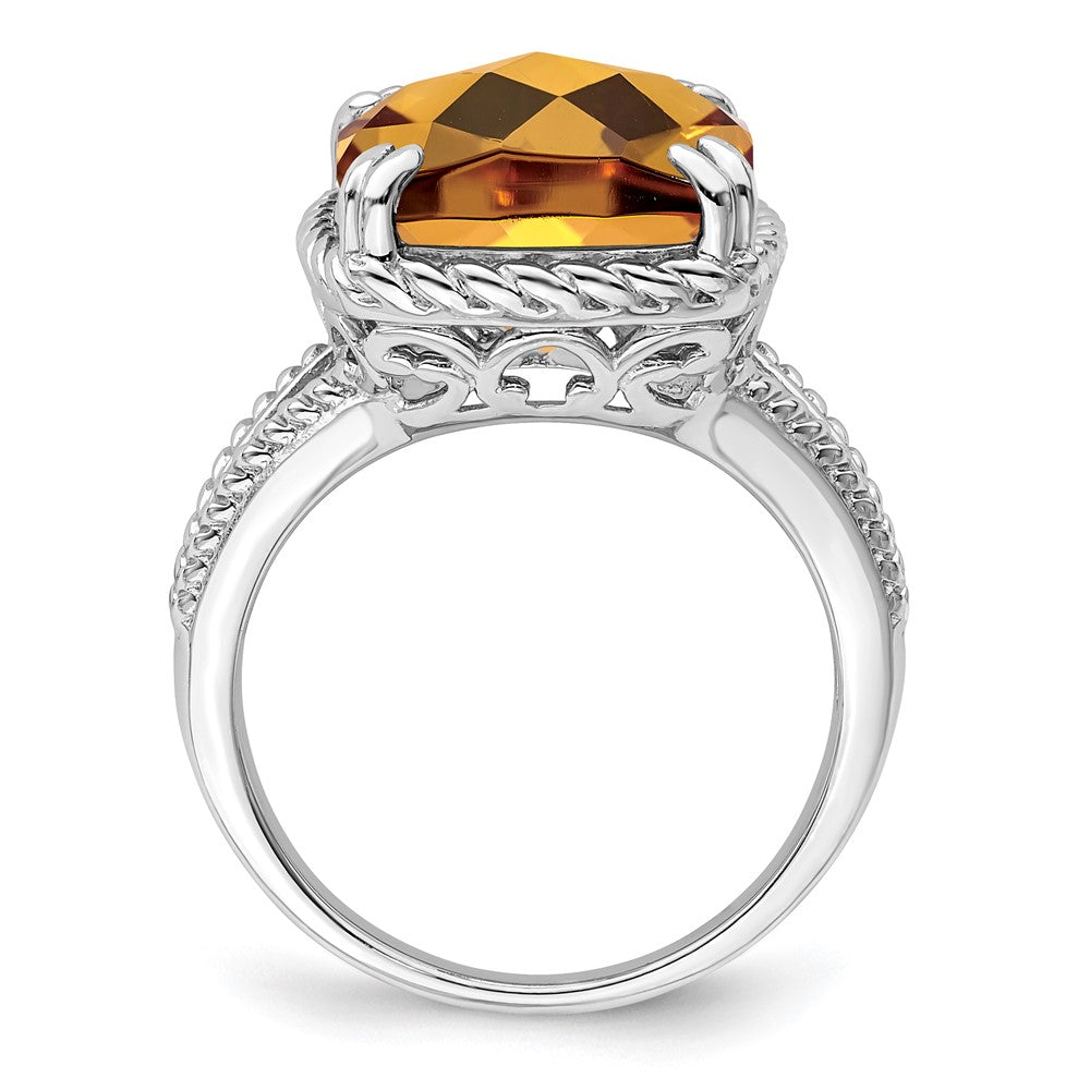 Sterling Silver Rhodium Checker Cut Whiskey Quartz Ring