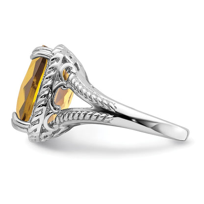 Sterling Silver Rhodium Checker Cut Whiskey Quartz Ring