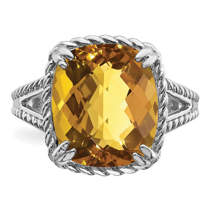 Sterling Silver Rhodium Checker Cut Whiskey Quartz Ring