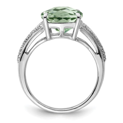 Sterling Silver Rhodium Checker Cut Green Quartz Ring