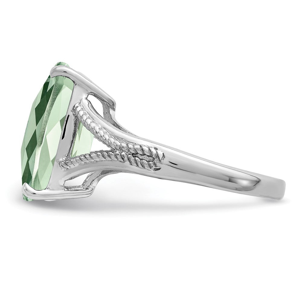 Sterling Silver Rhodium Checker Cut Green Quartz Ring