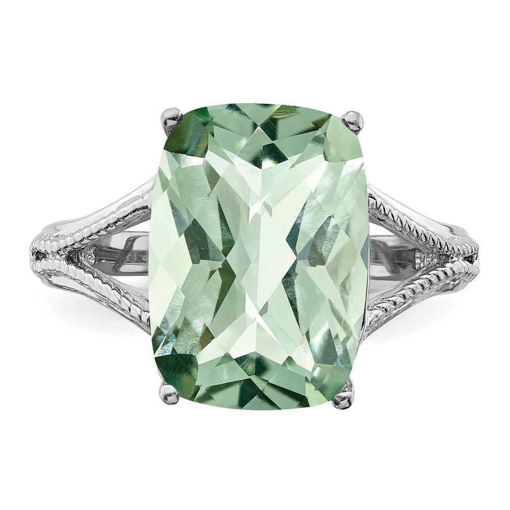 Sterling Silver Rhodium Checker Cut Green Quartz Ring