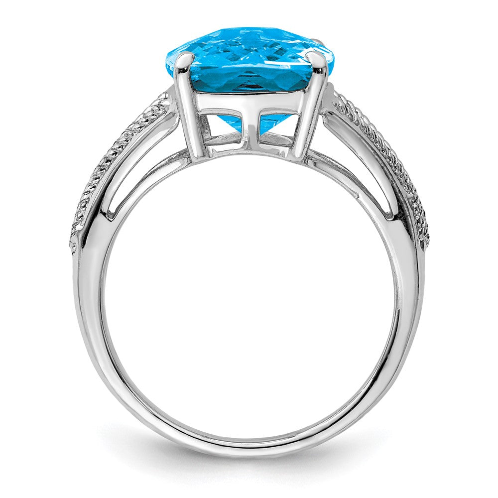 Sterling Silver Rhodium Checker Cut Blue Topaz Ring