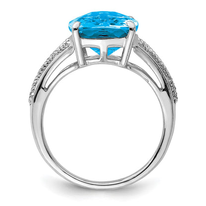 Sterling Silver Rhodium Checker Cut Blue Topaz Ring