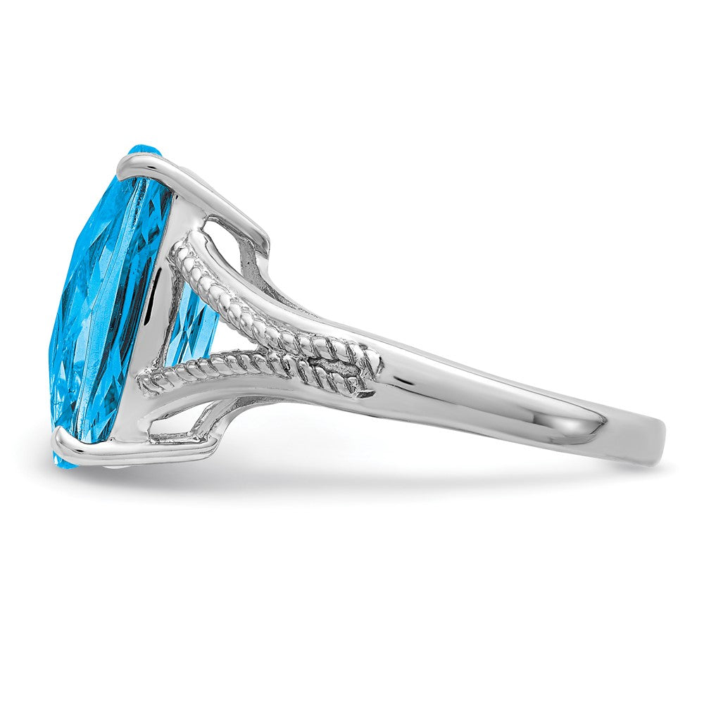 Sterling Silver Rhodium Checker Cut Blue Topaz Ring