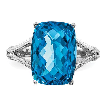 Sterling Silver Rhodium Checker Cut Blue Topaz Ring