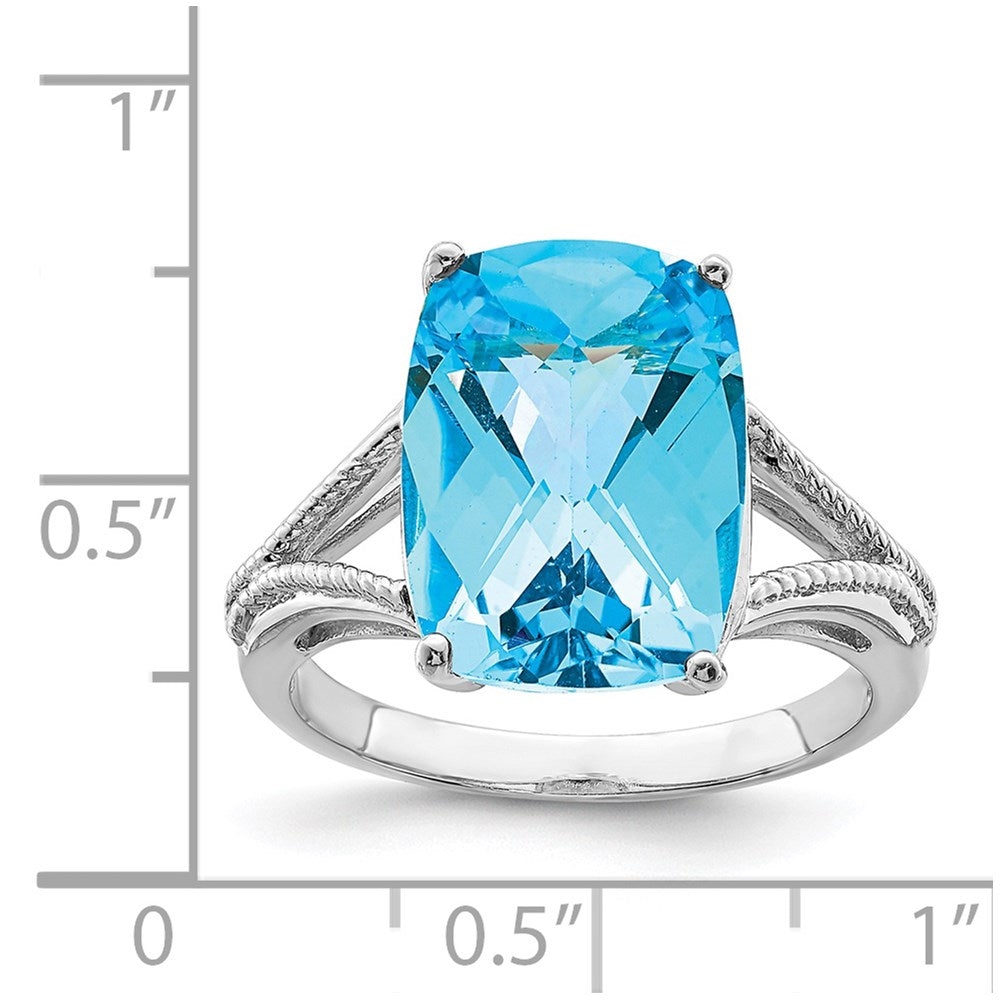 Sterling Silver Rhodium Checker Cut Blue Topaz Ring