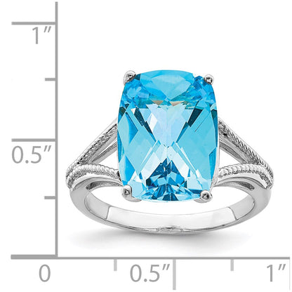 Sterling Silver Rhodium Checker Cut Blue Topaz Ring