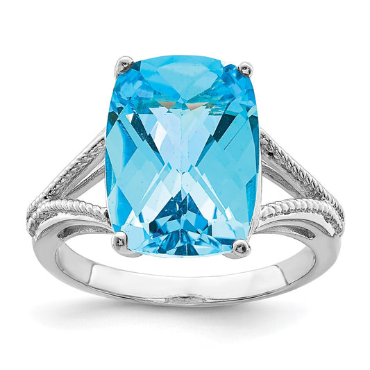 Sterling Silver Rhodium Checker Cut Blue Topaz Ring