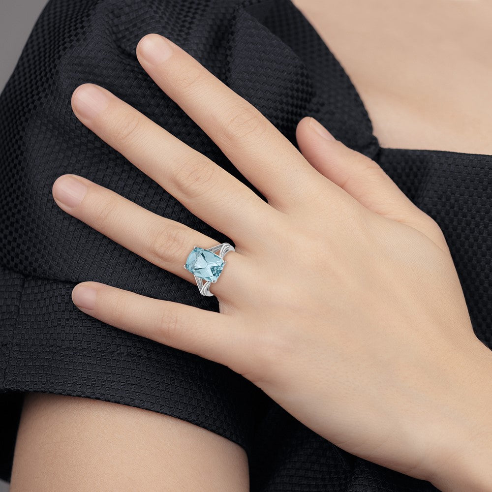 Sterling Silver Rhodium Checker Cut Sky Blue Topaz Ring