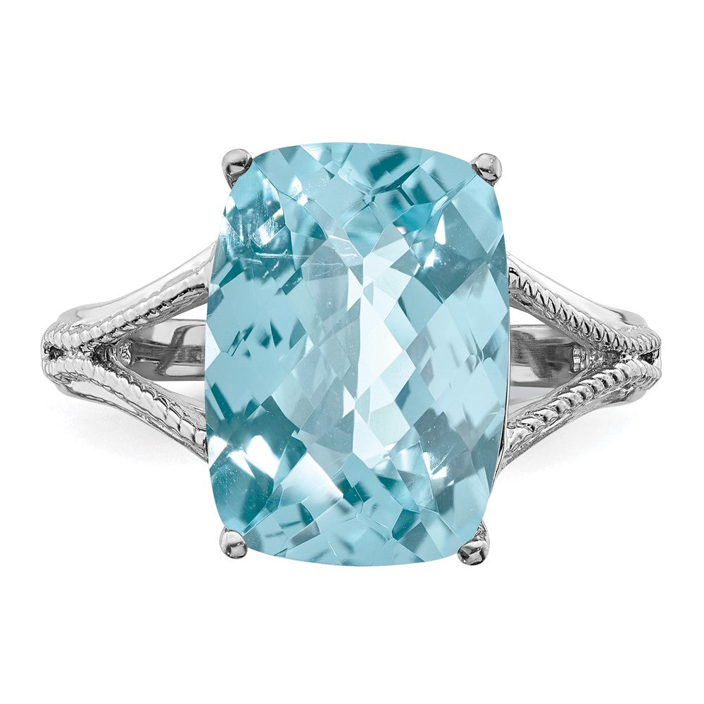 Sterling Silver Rhodium Checker Cut Sky Blue Topaz Ring