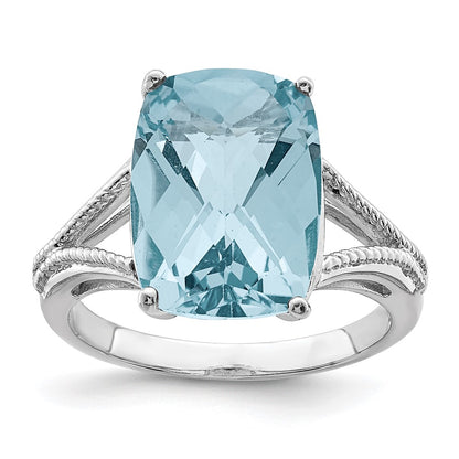 Sterling Silver Rhodium Checker Cut Sky Blue Topaz Ring