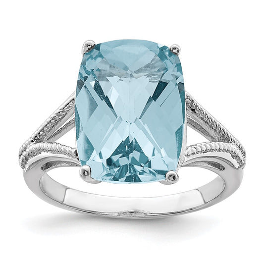 Sterling Silver Rhodium Checker Cut Sky Blue Topaz Ring