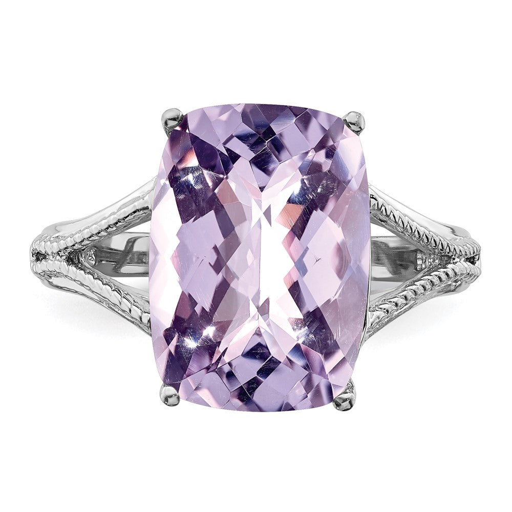 Sterling Silver Rhodium Checker Cut Pink Quartz Ring