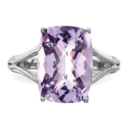 Sterling Silver Rhodium Checker Cut Pink Quartz Ring