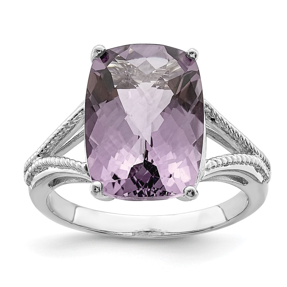 Sterling Silver Rhodium Checker Cut Pink Quartz Ring