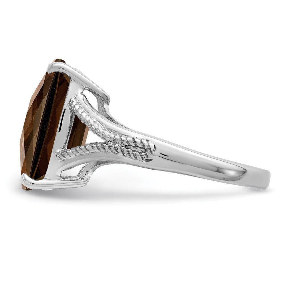 Sterling Silver Rhodium Checker Cut Smoky Quartz Ring